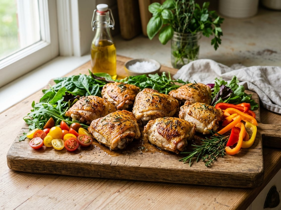 Cooked chicken thighs on a wooden cutting board surrounded by fresh vegetables and herbs in a kitchen setting.