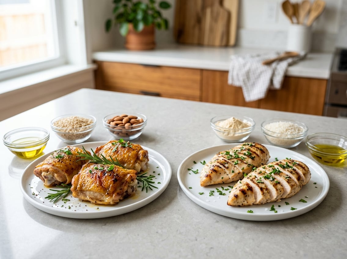 Two plates on a kitchen counter showing cooked chicken thighs and chicken breasts side by side with small bowls of ingredients nearby.