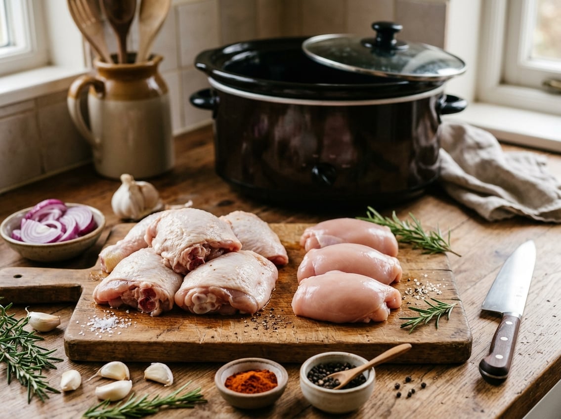 Raw bone-in and boneless chicken thighs on a wooden cutting board surrounded by fresh herbs and spices with a slow cooker in the background.