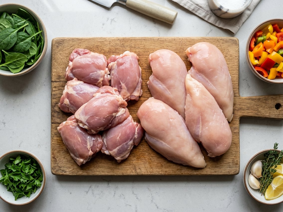 Top-down view of raw chicken thighs and chicken breasts on a cutting board with small bowls of colorful vegetables and herbs around them.