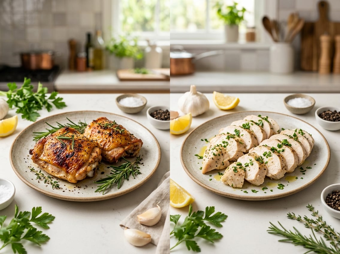 Two plates on a kitchen countertop showing cooked chicken thighs with crispy skin on one plate and sliced chicken breasts on the other, surrounded by fresh herbs and lemon wedges.