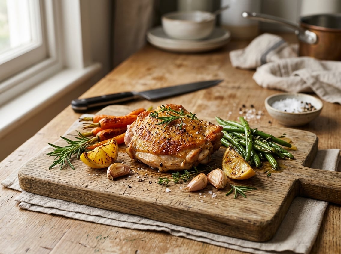 A cooked chicken thigh on a wooden cutting board garnished with herbs, surrounded by vegetables and kitchen ingredients.
