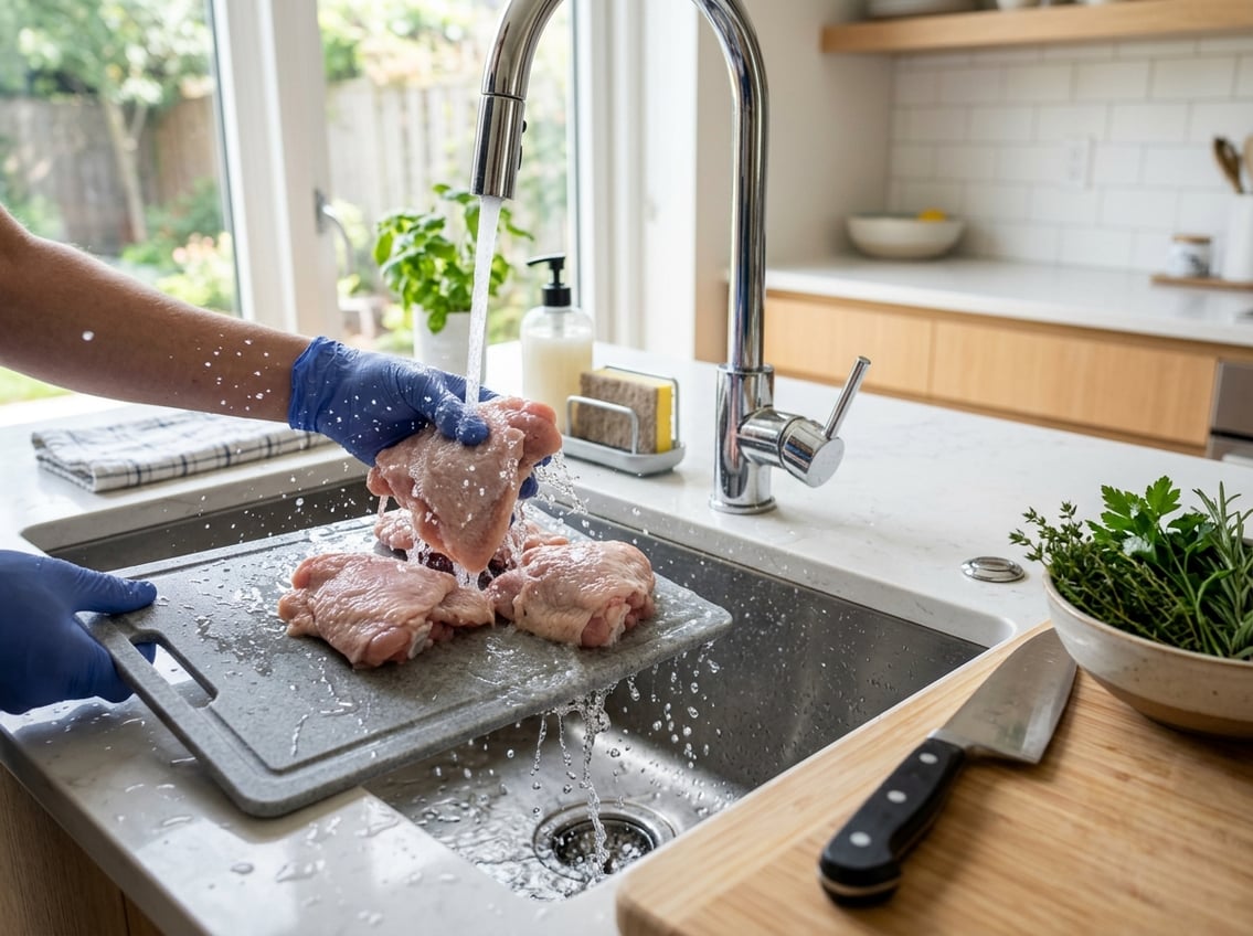 Raw chicken thighs being rinsed under running water in a kitchen sink with utensils and herbs nearby.