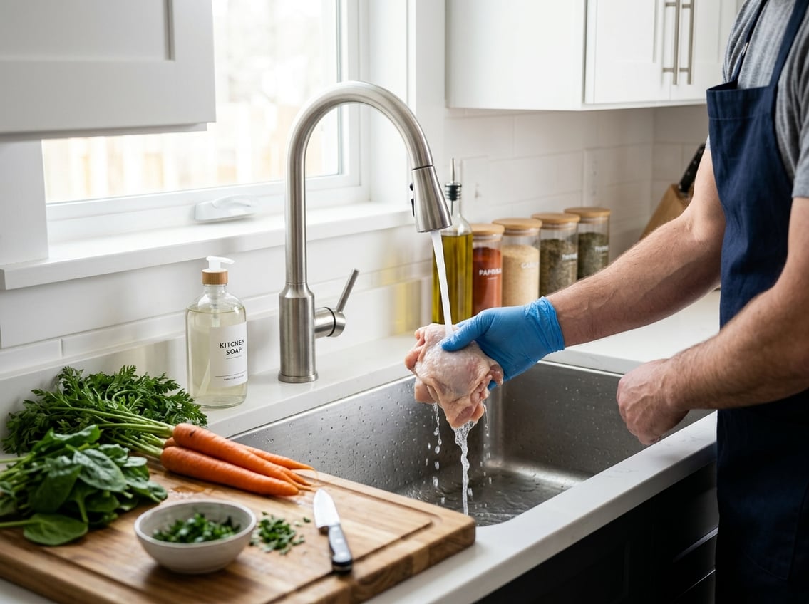 Person wearing gloves rinsing raw chicken thighs under running water in a clean kitchen sink with fresh vegetables nearby.