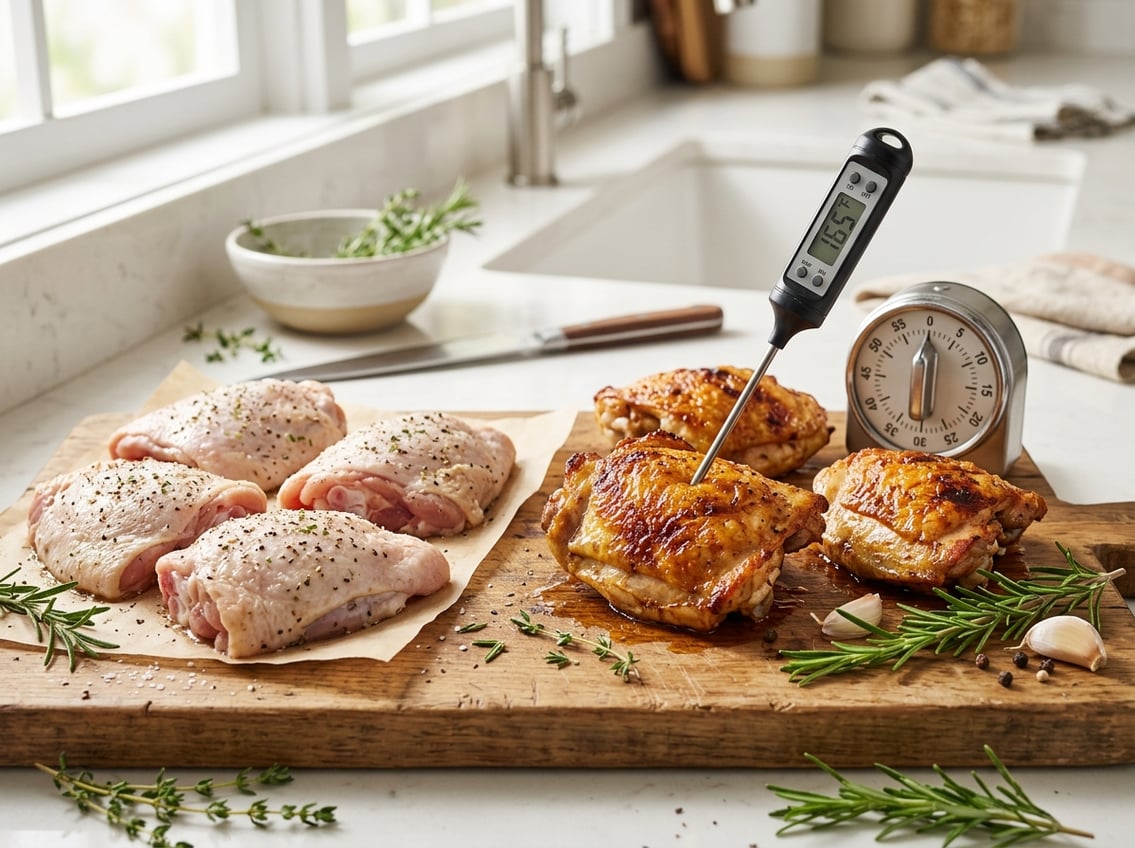 Close-up of raw and cooked chicken thighs on a cutting board with a kitchen timer and meat thermometer in a bright kitchen setting.