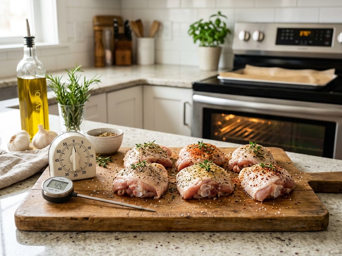 Raw seasoned chicken thighs on a wooden cutting board next to a kitchen timer and meat thermometer in a kitchen setting.