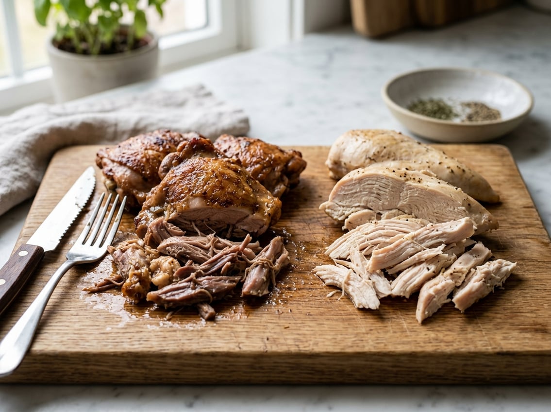 Close-up of cooked chicken thighs and breasts on a cutting board, partially shredded with kitchen utensils nearby.