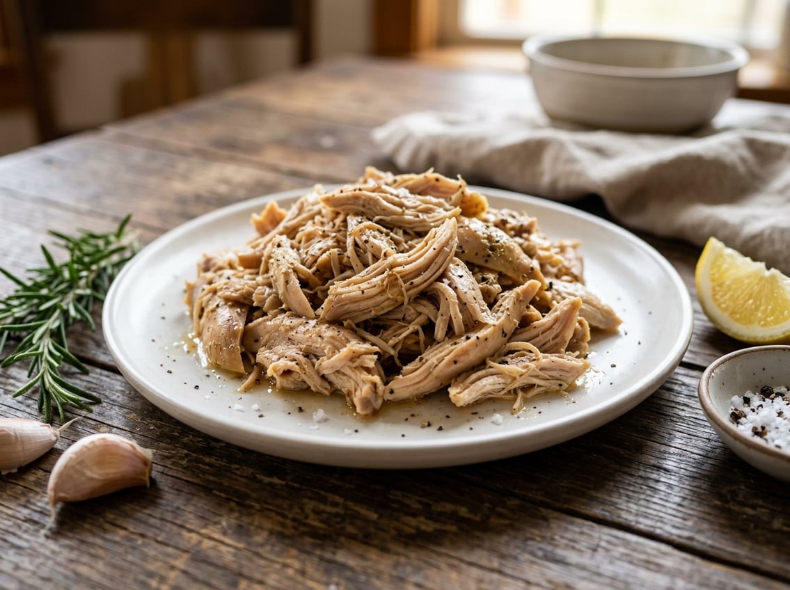 Close-up of shredded chicken thighs on a white plate with fresh herbs and lemon wedges on a wooden table.