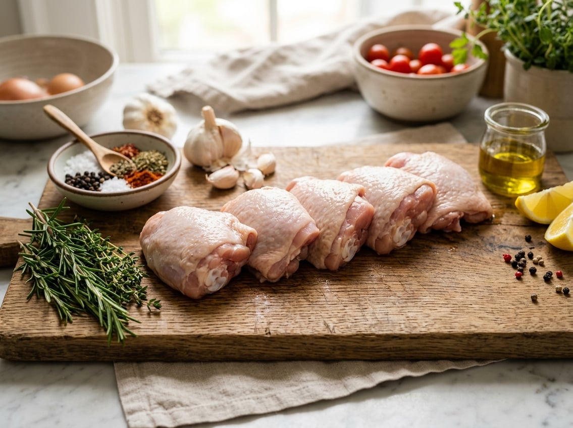 Fresh raw chicken thighs on a wooden cutting board with rosemary and garlic nearby.