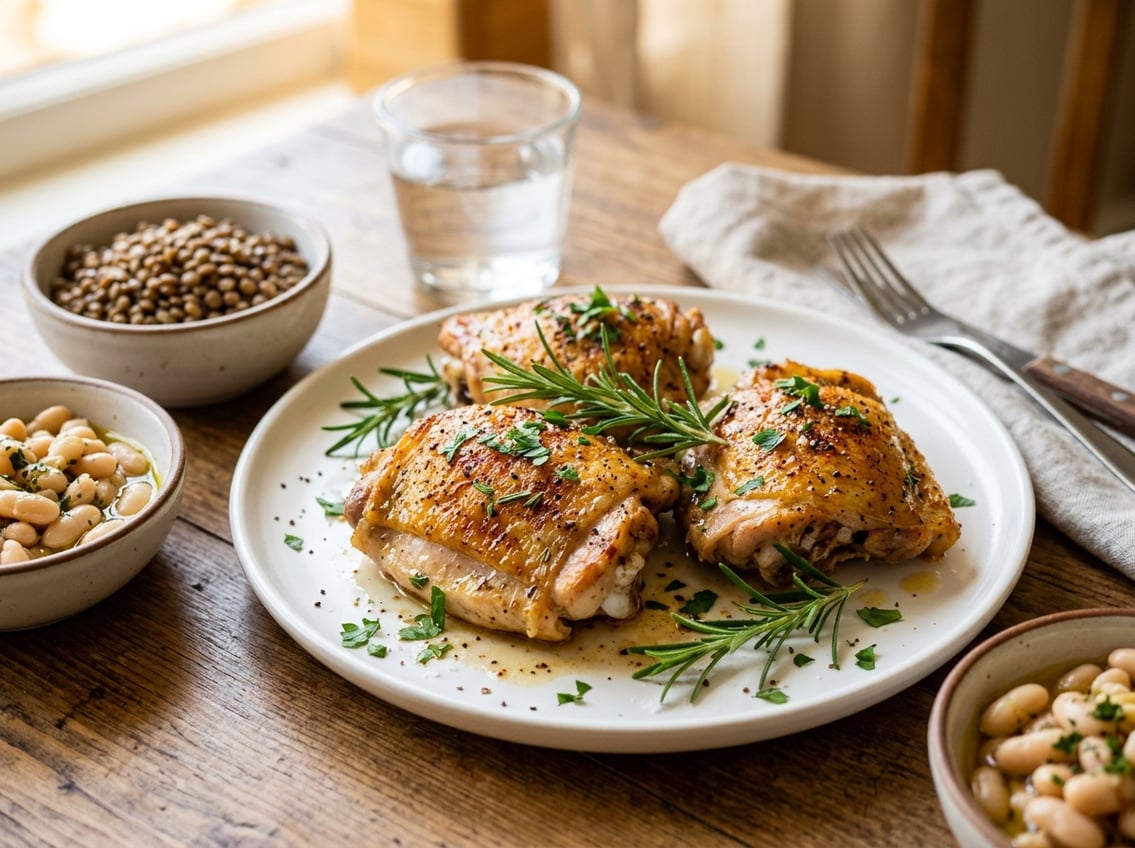 Close-up of cooked chicken thighs on a white plate with fresh herbs and small bowls of beans and lentils nearby.