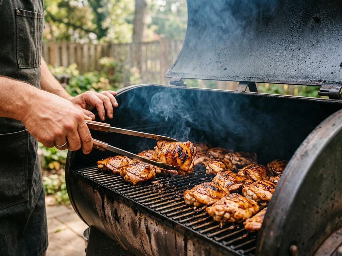 Hands flipping golden-brown chicken thighs inside a barbecue smoker with smoke rising around the meat.