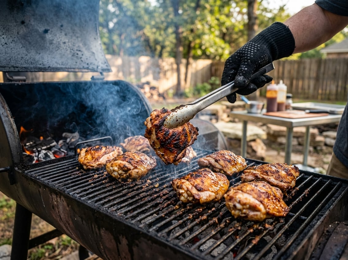 Close-up of chicken thighs being flipped on a smoker grill outdoors with smoke rising.