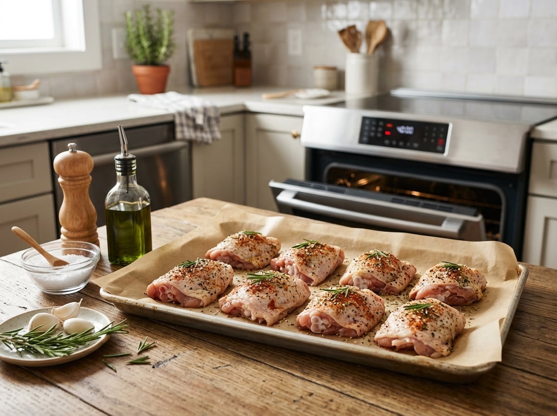Close-up of raw seasoned chicken thighs on a baking tray with a modern oven in the background and baking ingredients on the kitchen counter.