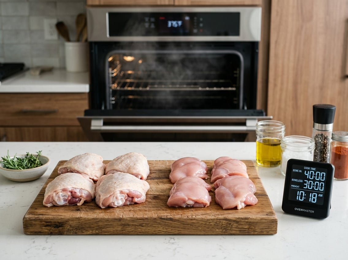 Raw bone-in and boneless chicken thighs on a cutting board next to a kitchen timer with a preheated oven in the background.