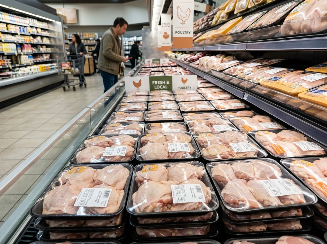 Fresh chicken thighs displayed on trays in a grocery store poultry section with shoppers in the background.