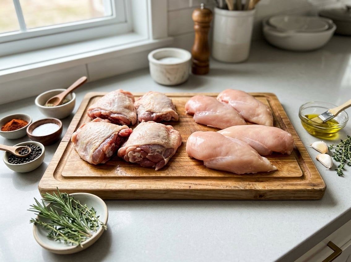 Raw chicken thighs and chicken breasts placed side by side on a wooden cutting board with herbs and spices nearby.