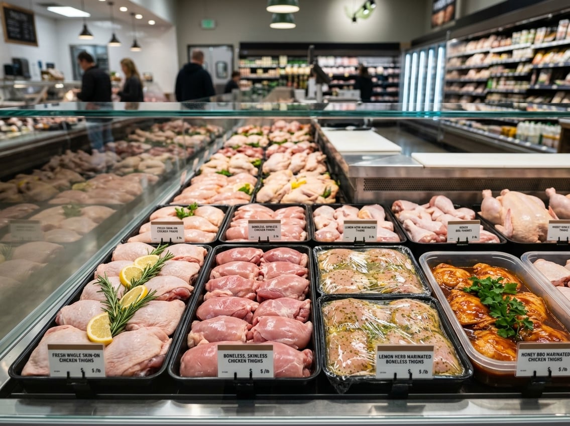 Various fresh chicken thighs displayed in trays at a grocery store poultry section.