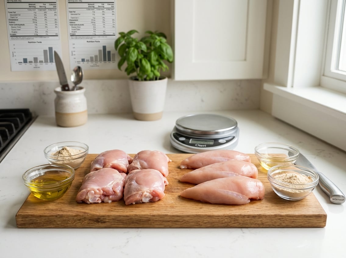 Raw chicken thighs and breasts on a cutting board with bowls of protein powder and cooking oil nearby, in a kitchen setting.