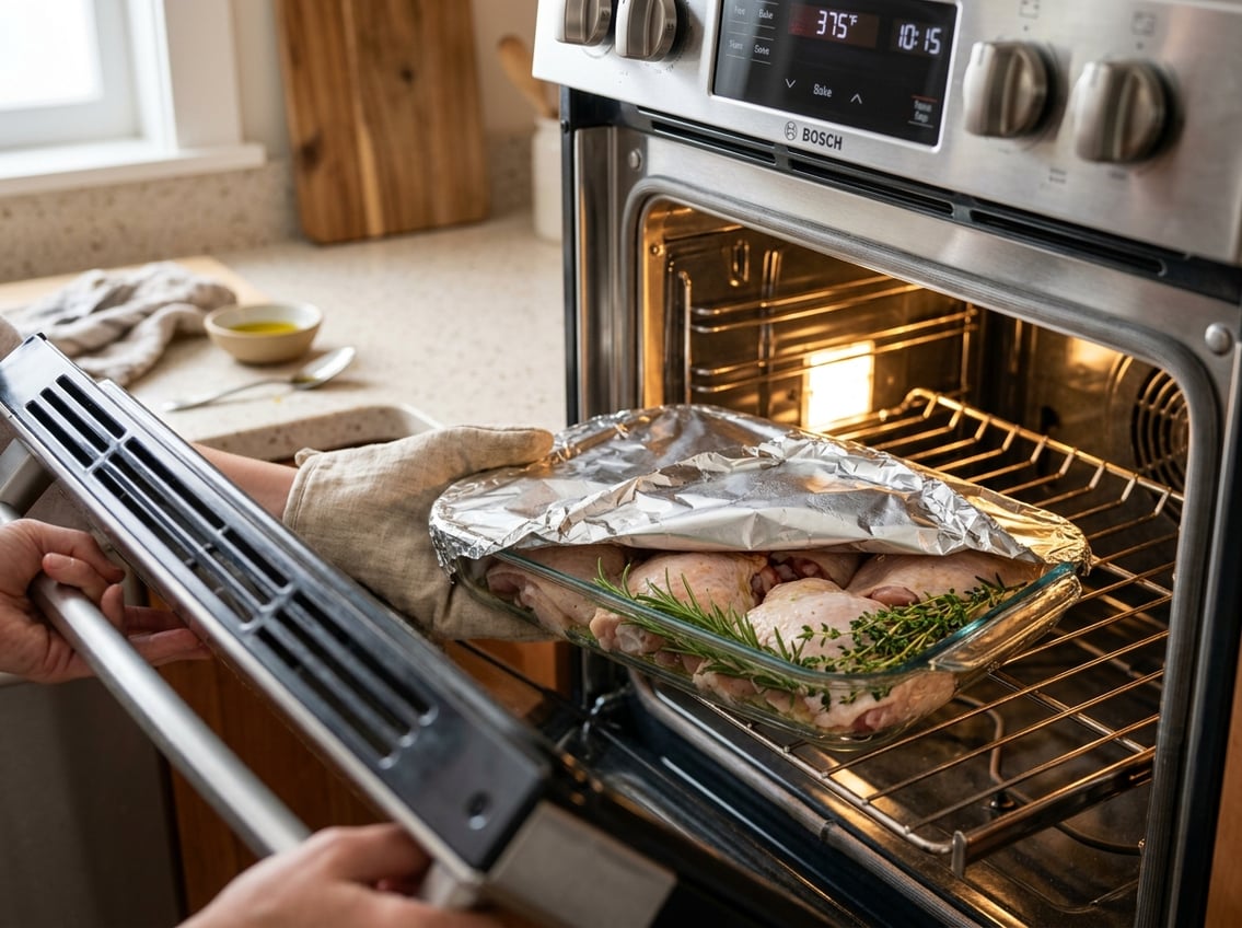 Raw chicken thighs covered with foil in a baking dish inside an open oven in a kitchen.