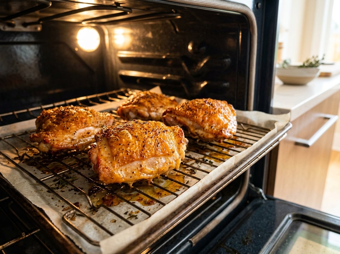 Close-up of crispy golden-brown chicken thighs baking on a tray inside an oven.