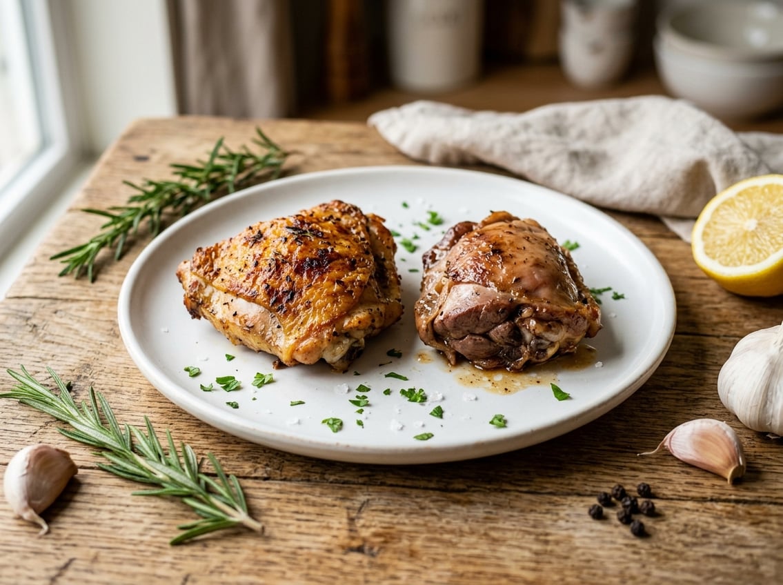 Close-up of a plate with one cooked chicken thigh with skin and one without, surrounded by fresh herbs and lemon wedges on a wooden table.