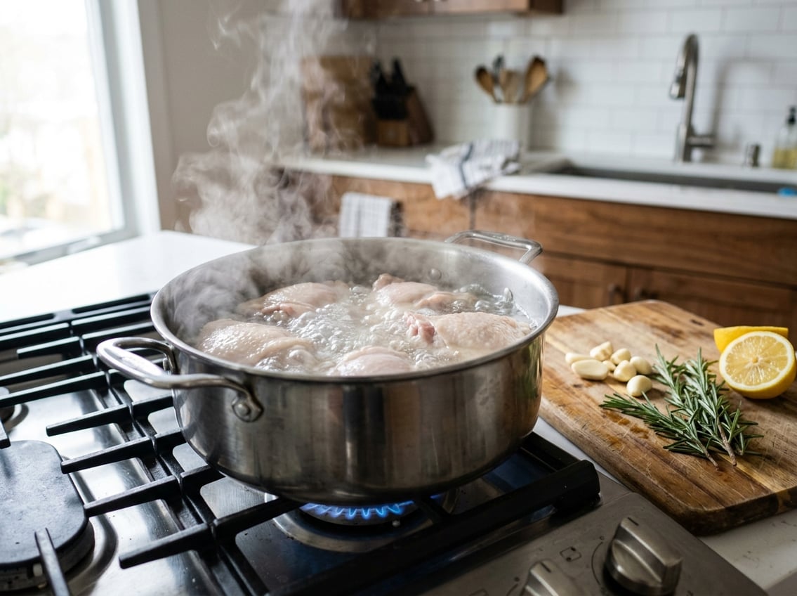 A pot of boiling water on a stove with raw chicken thighs inside, surrounded by fresh ingredients in a kitchen setting.