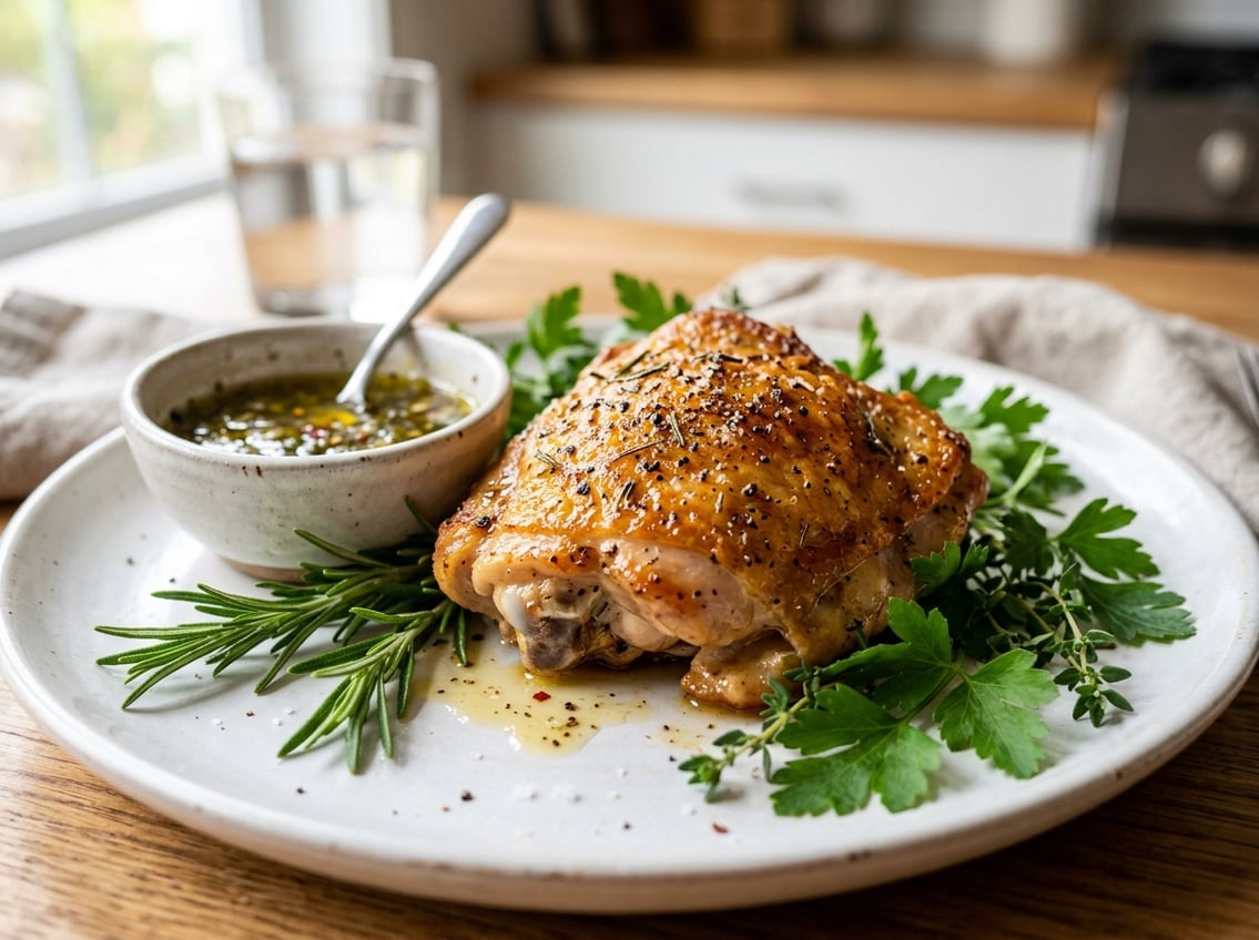 Close-up of a cooked chicken thigh with crispy skin on a white plate, garnished with fresh herbs and a small bowl of sauce.
