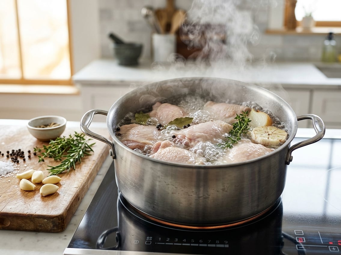 Raw chicken thighs boiling in a pot of water on a stove with fresh herbs and garlic nearby.