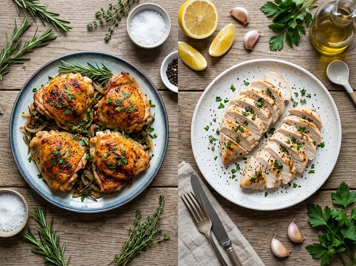 Two plates on a wooden table showing cooked chicken thighs and grilled chicken breast with fresh herbs and lemon wedges around them.