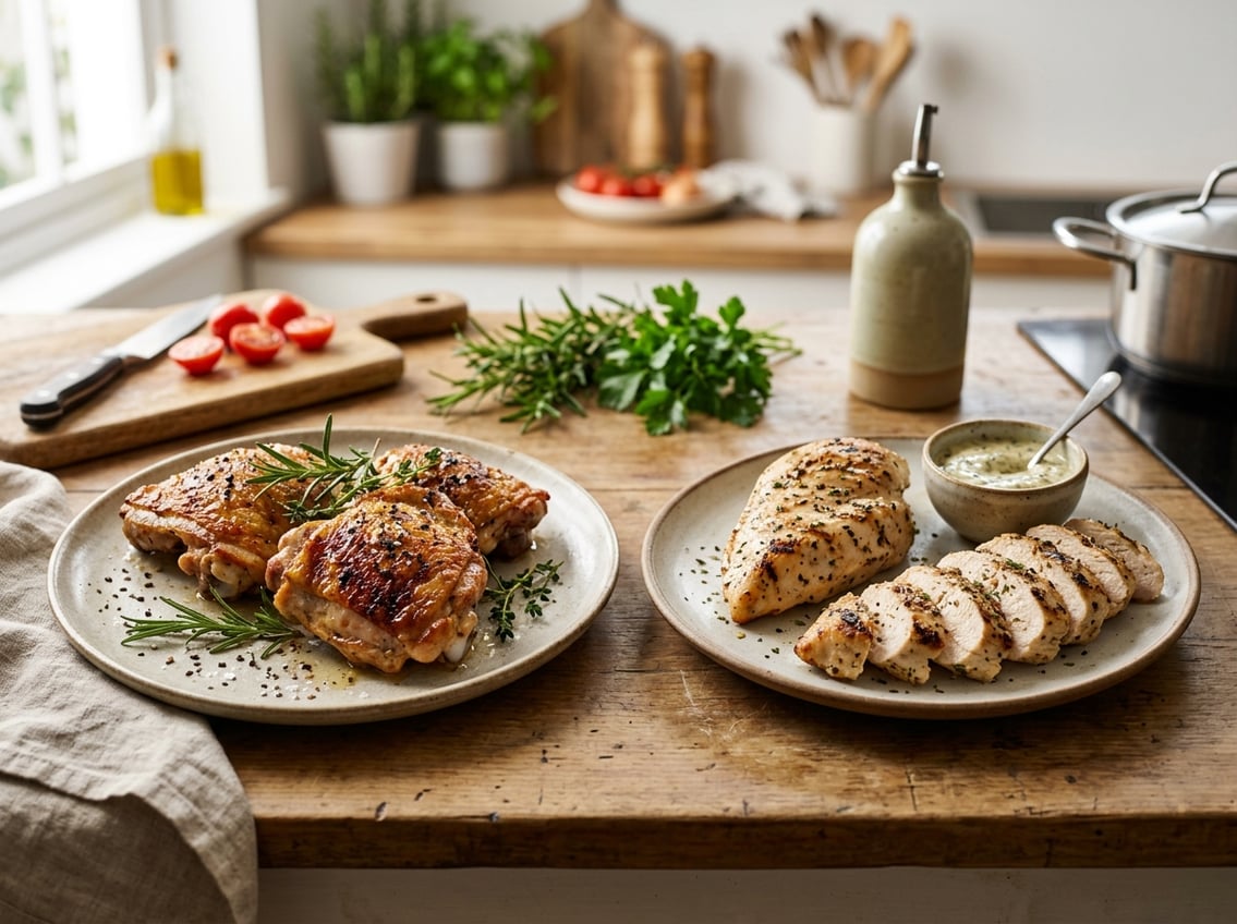 Two plates on a kitchen countertop, one with cooked chicken thighs and the other with grilled chicken breast slices, surrounded by fresh herbs and kitchen utensils.
