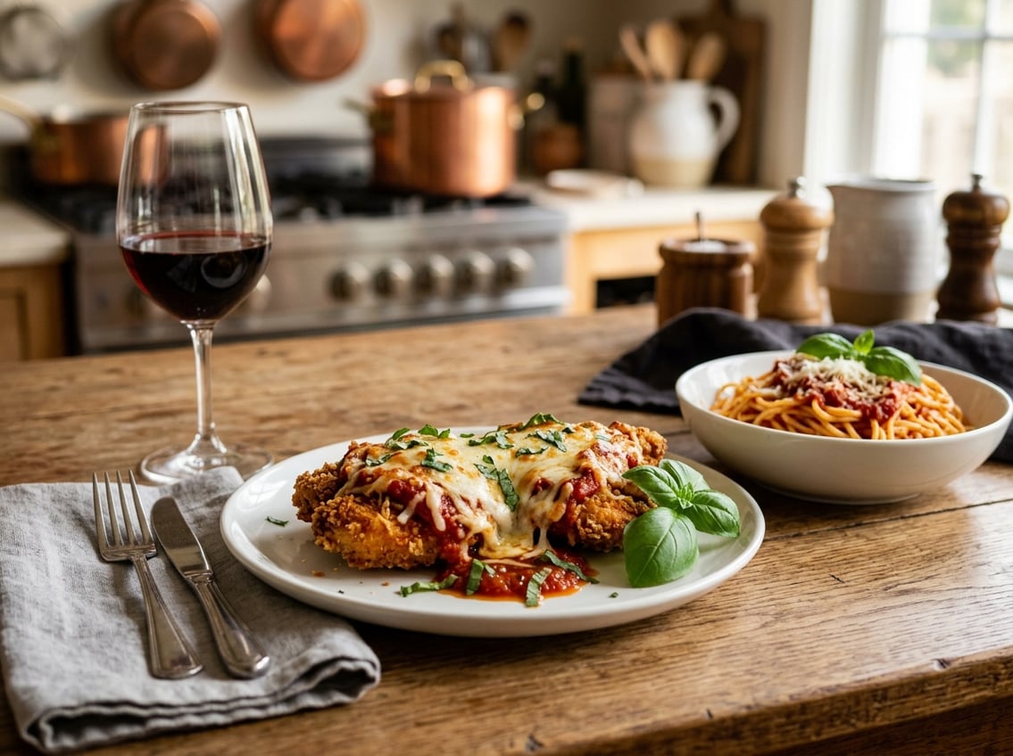 A plate of chicken parmesan made with crispy chicken thighs topped with melted cheese and tomato sauce, served with spaghetti and a glass of red wine on a wooden table.