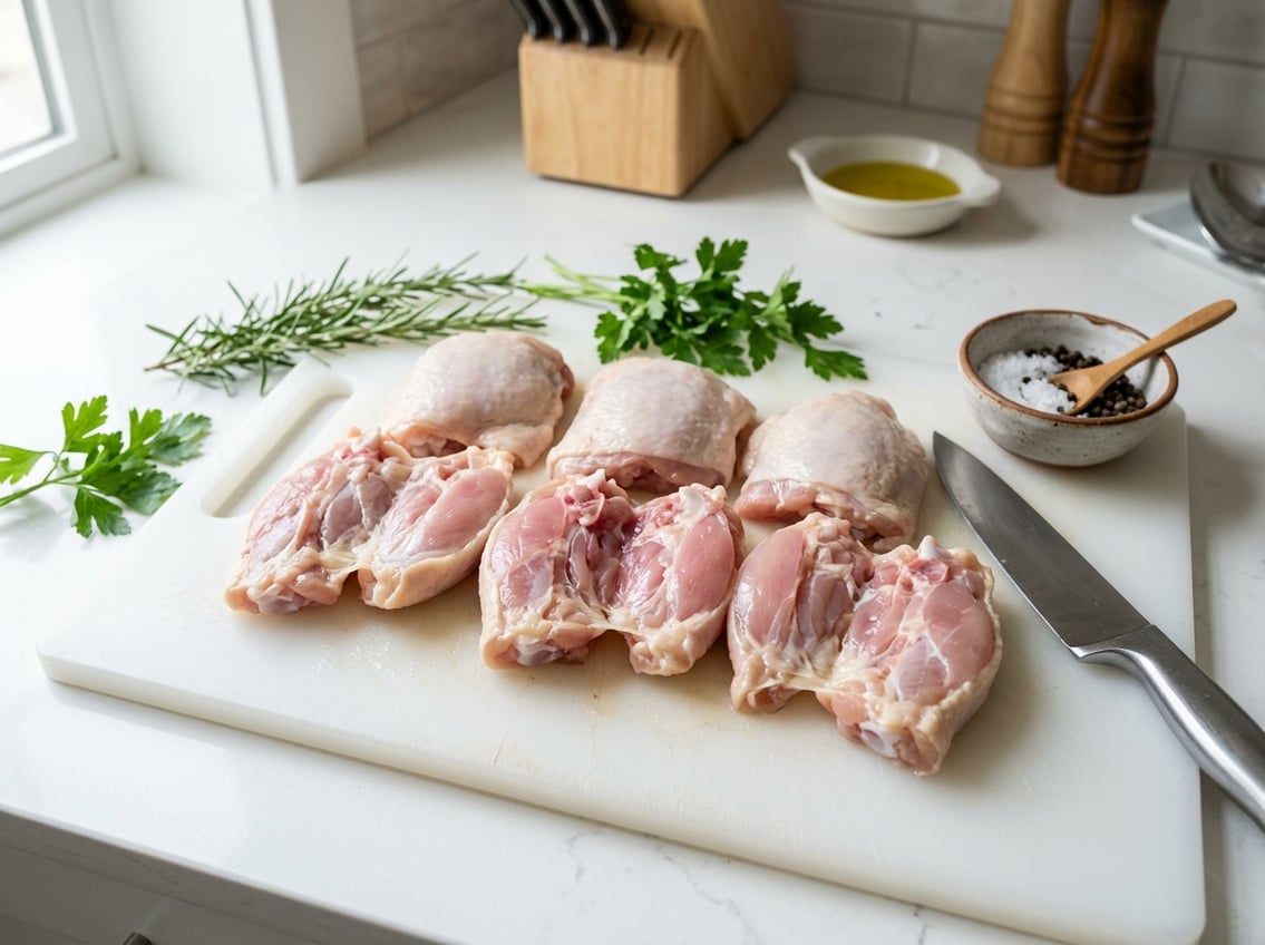 Raw chicken thighs cut open on a white cutting board showing a pink center, surrounded by fresh herbs and seasoning on a kitchen counter.