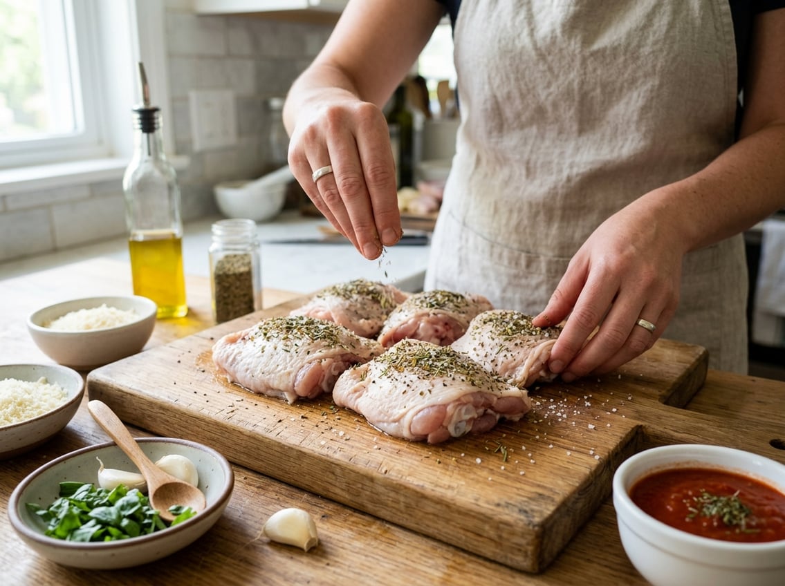 Hands seasoning raw chicken thighs on a cutting board with fresh herbs and cooking ingredients nearby.