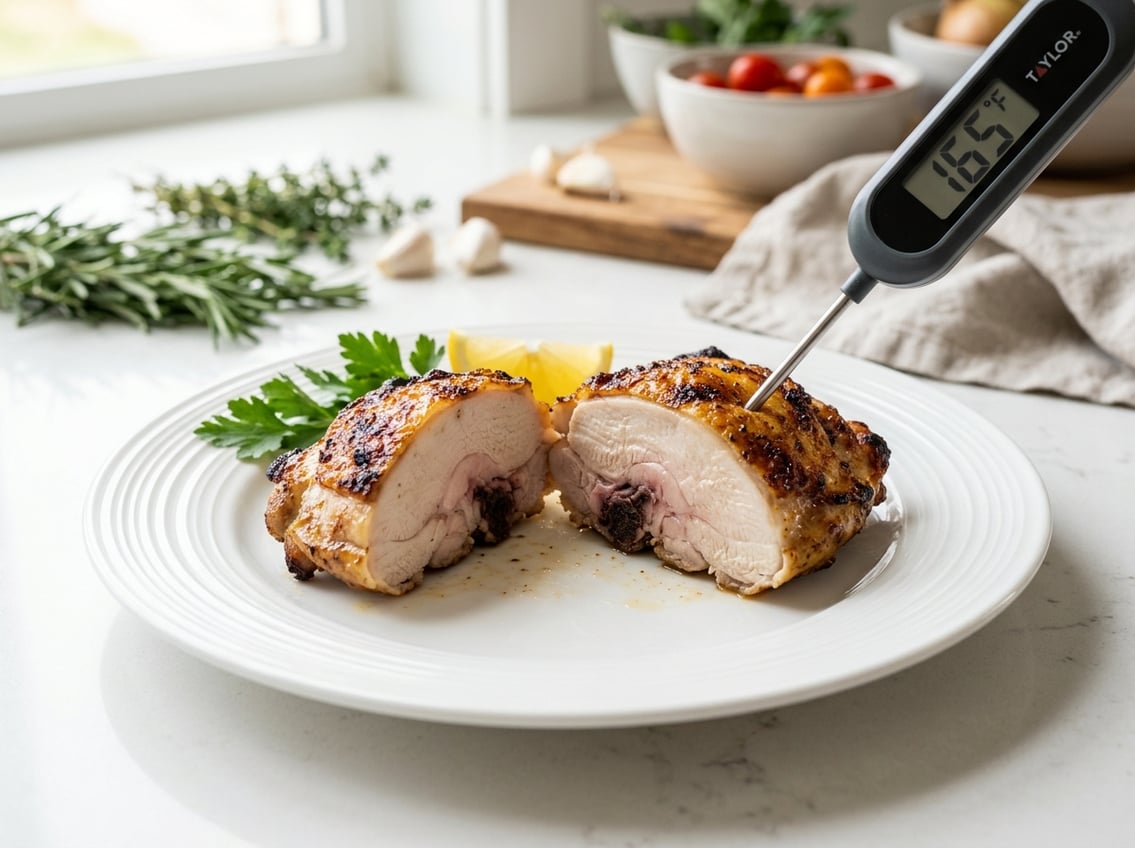 A sliced chicken thigh on a white plate with a food thermometer inserted, showing the inside of the meat near the bone.