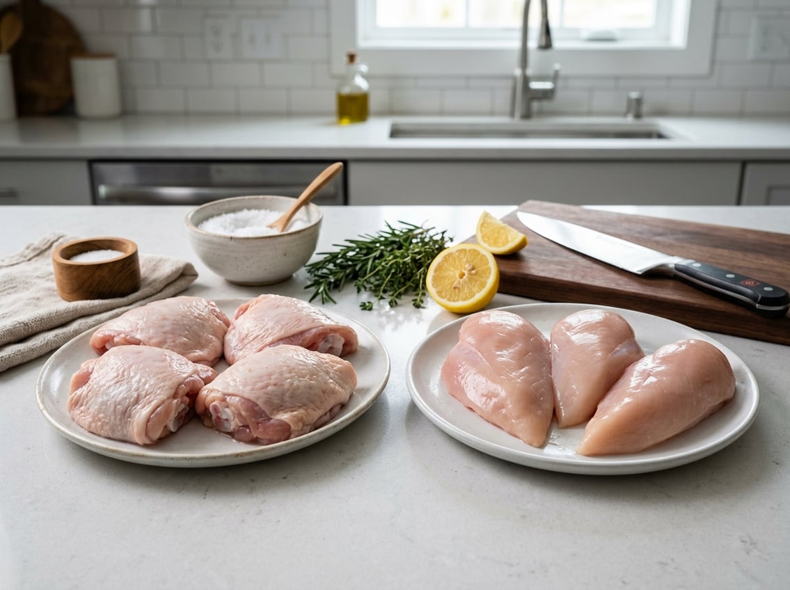 Raw chicken thighs and breasts on separate plates on a kitchen countertop with herbs, lemon, salt, and a knife nearby.