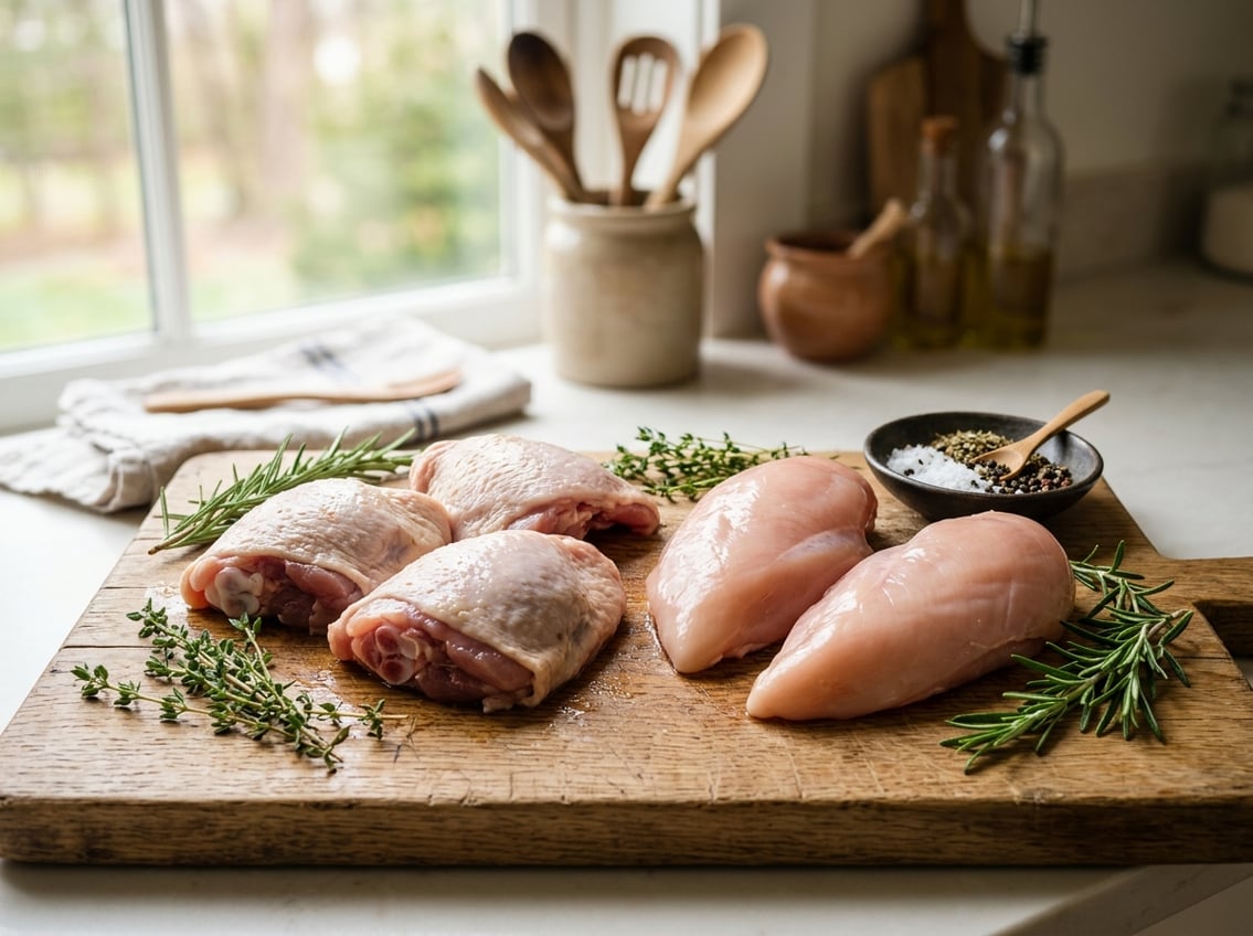 Close-up of raw chicken thighs and breasts on a wooden cutting board with herbs and spices in a kitchen.