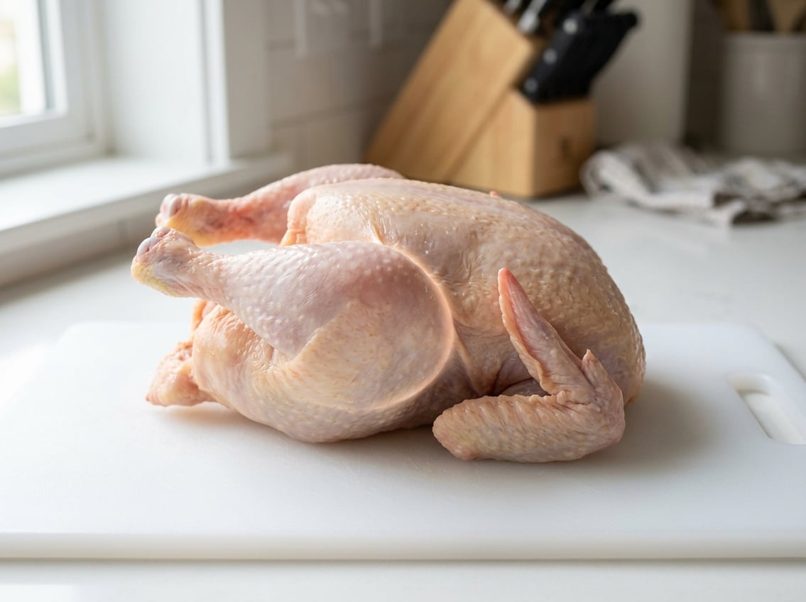 A whole raw chicken on a white cutting board with the thigh area clearly visible and emphasized.