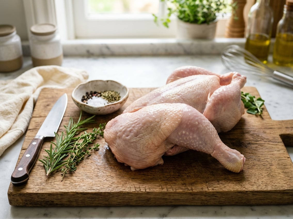 A whole raw chicken on a wooden cutting board with the thigh section clearly visible, surrounded by herbs and a kitchen knife.