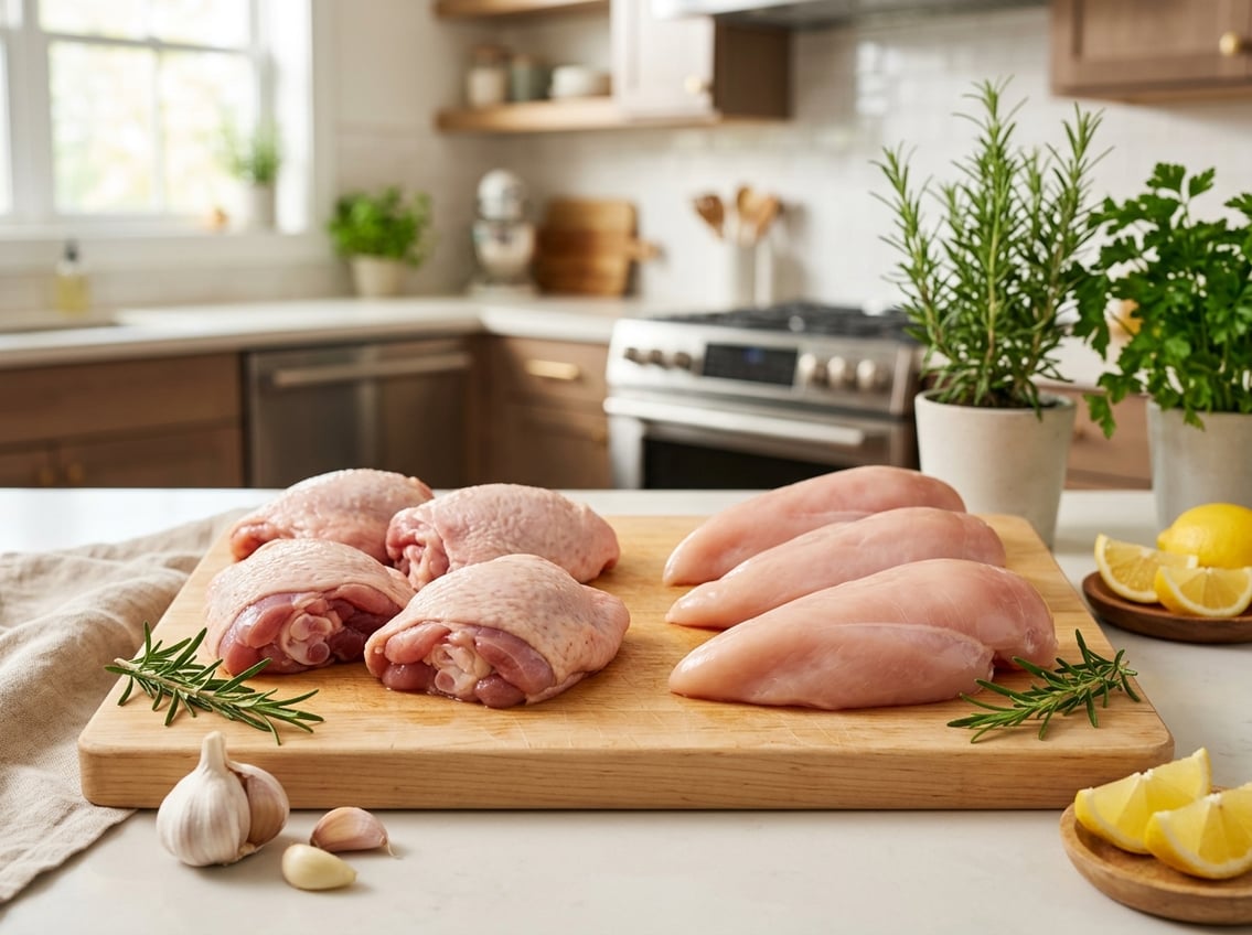 Close-up of raw chicken thighs and chicken breasts on a cutting board with fresh herbs and lemon wedges in a kitchen setting.