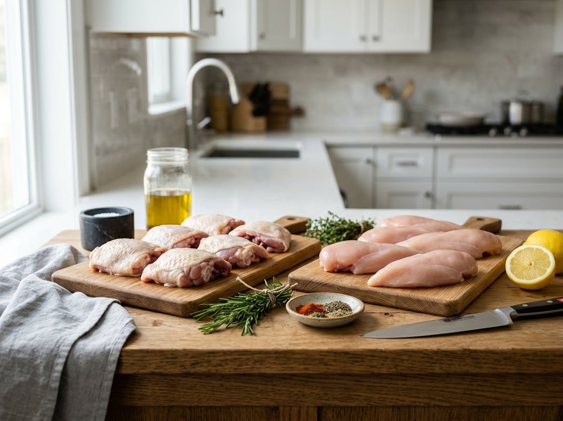 Fresh raw chicken thighs and breasts on separate cutting boards with herbs, spices, and a lemon on a kitchen countertop.
