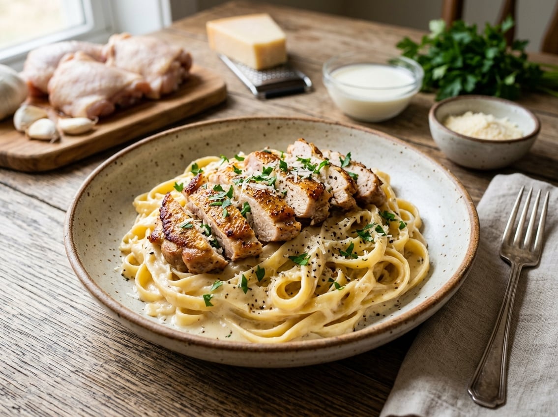 A plate of creamy chicken alfredo pasta topped with sliced cooked chicken thighs and garnished with parsley and Parmesan cheese on a wooden table.
