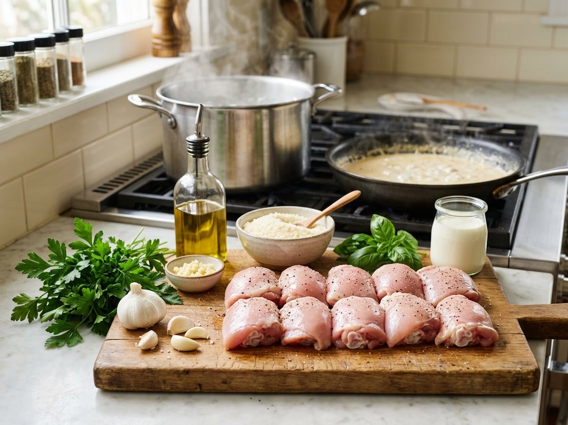 Fresh raw chicken thighs on a cutting board surrounded by ingredients for chicken Alfredo in a kitchen setting.