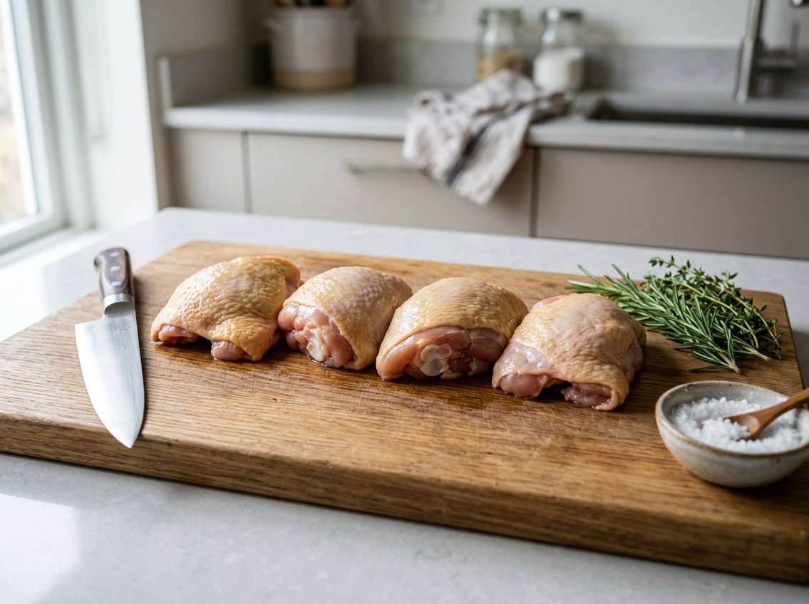 Close-up of boneless chicken thighs with skin on a wooden cutting board surrounded by herbs and a kitchen knife.