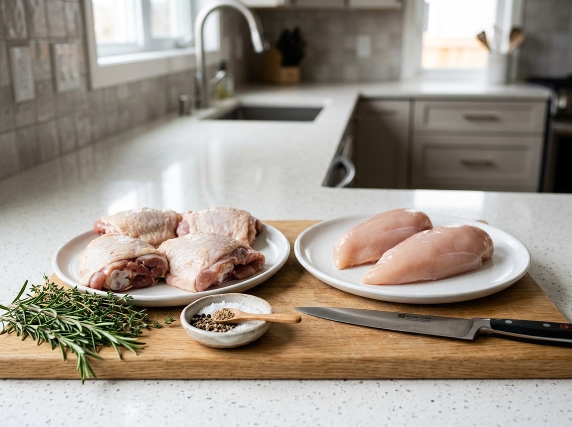 Raw chicken thighs and chicken breasts placed on separate plates on a kitchen countertop with fresh herbs and cooking utensils around them.