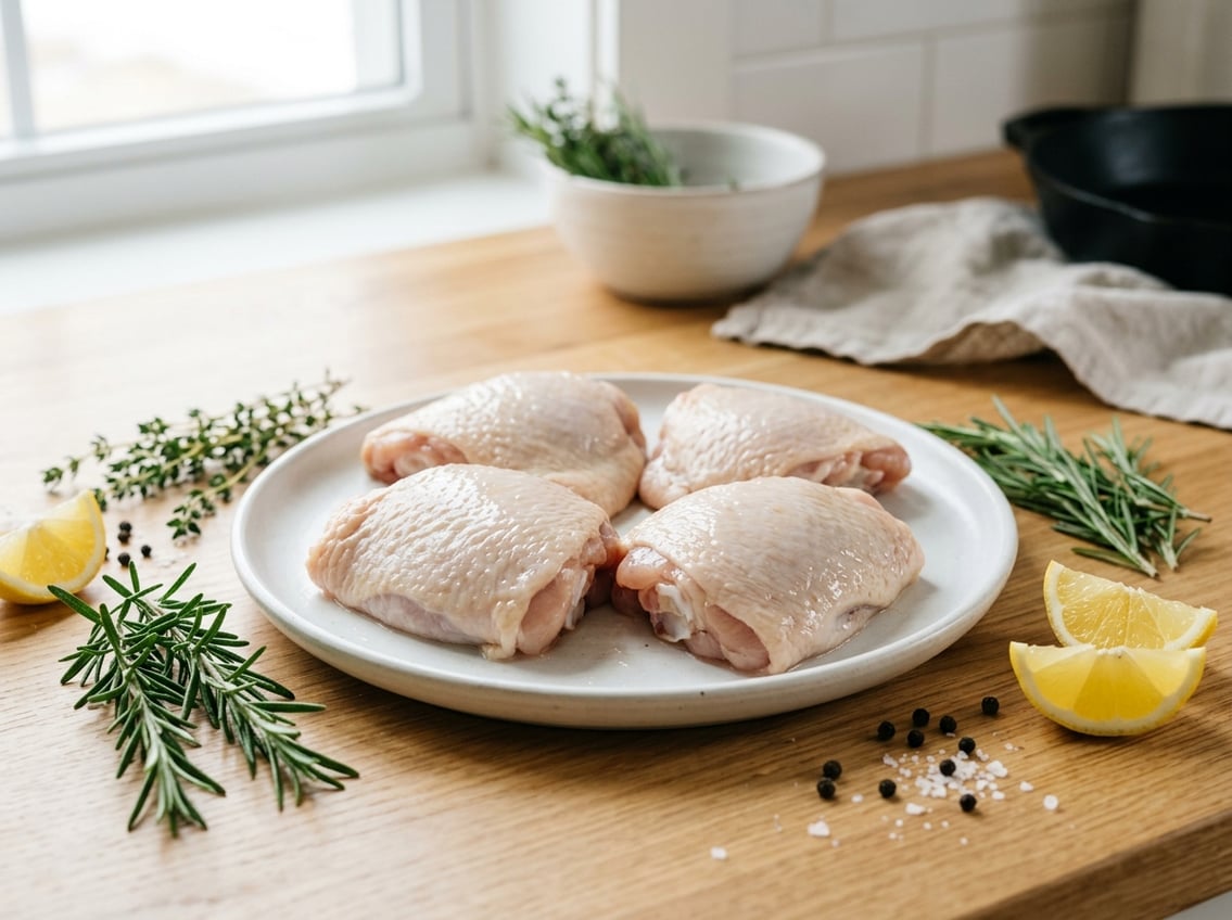 A plate of fresh boneless chicken thighs with skin, garnished with herbs and lemon wedges on a kitchen counter.