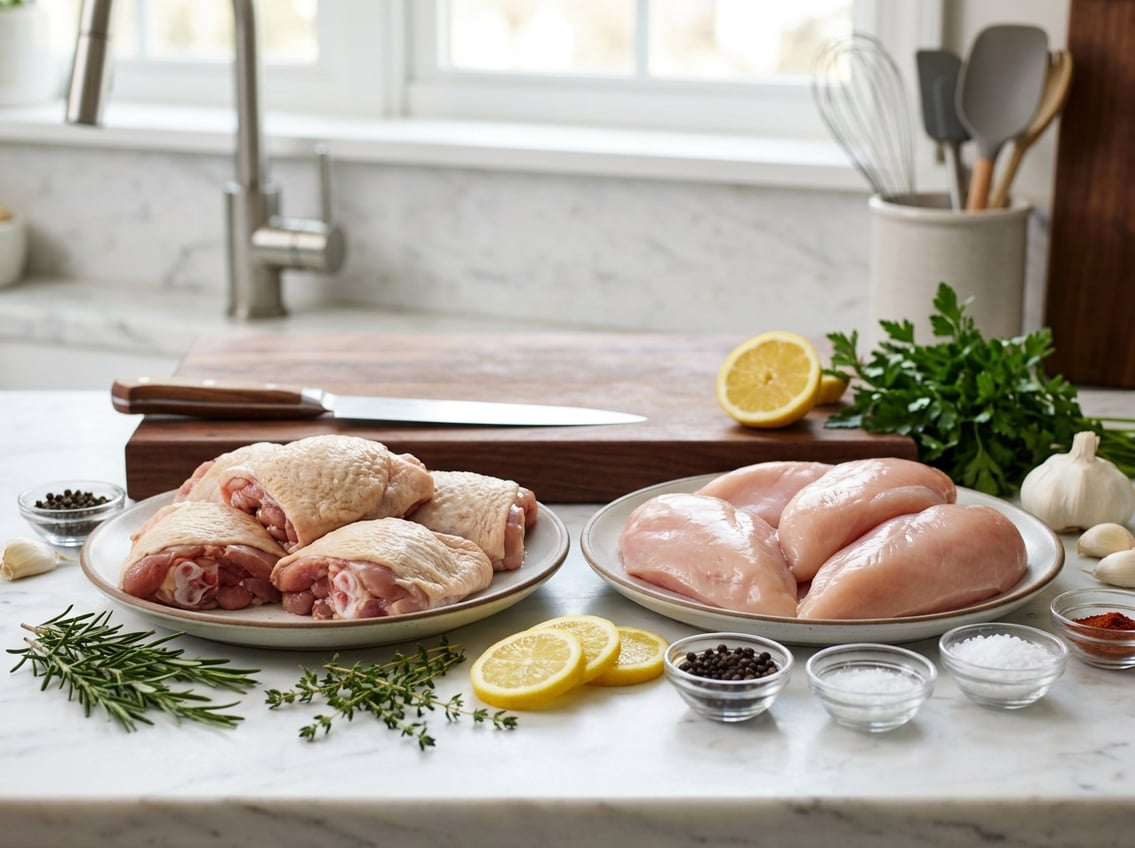 Two plates on a kitchen countertop, one with raw chicken thighs and the other with raw chicken breasts, surrounded by fresh herbs and lemon slices.