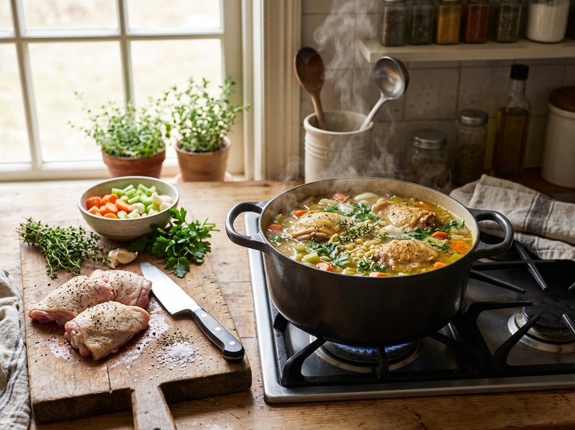 A pot of chicken soup with chicken thighs and vegetables cooking on a stove in a kitchen.