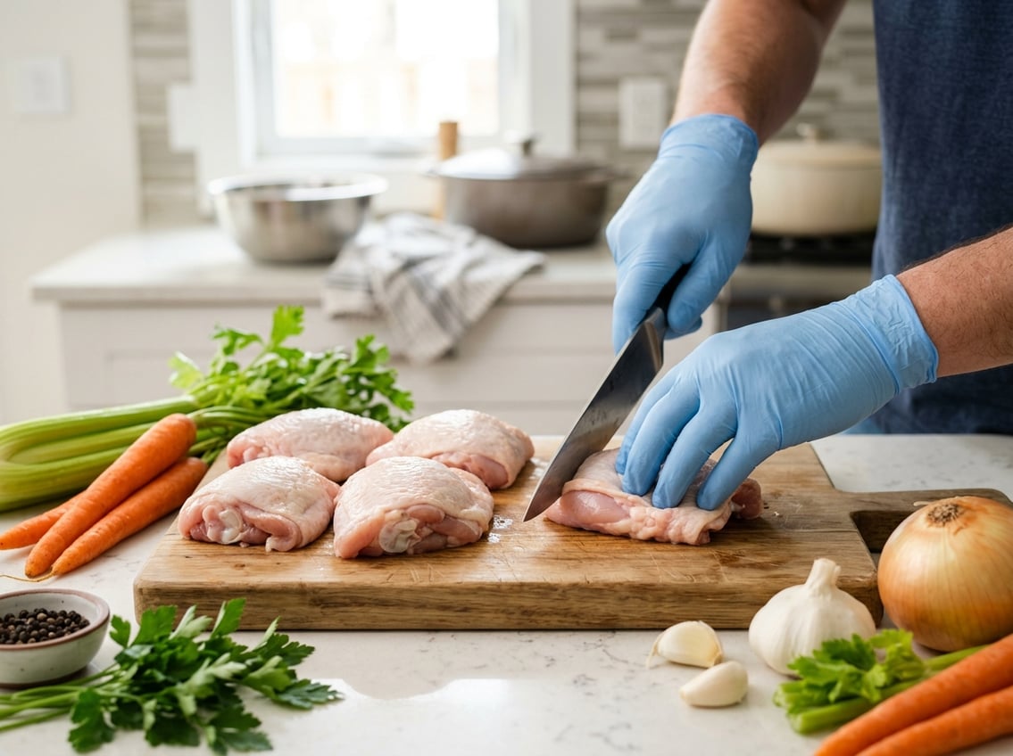 Hands preparing raw chicken thighs on a cutting board with fresh vegetables nearby.