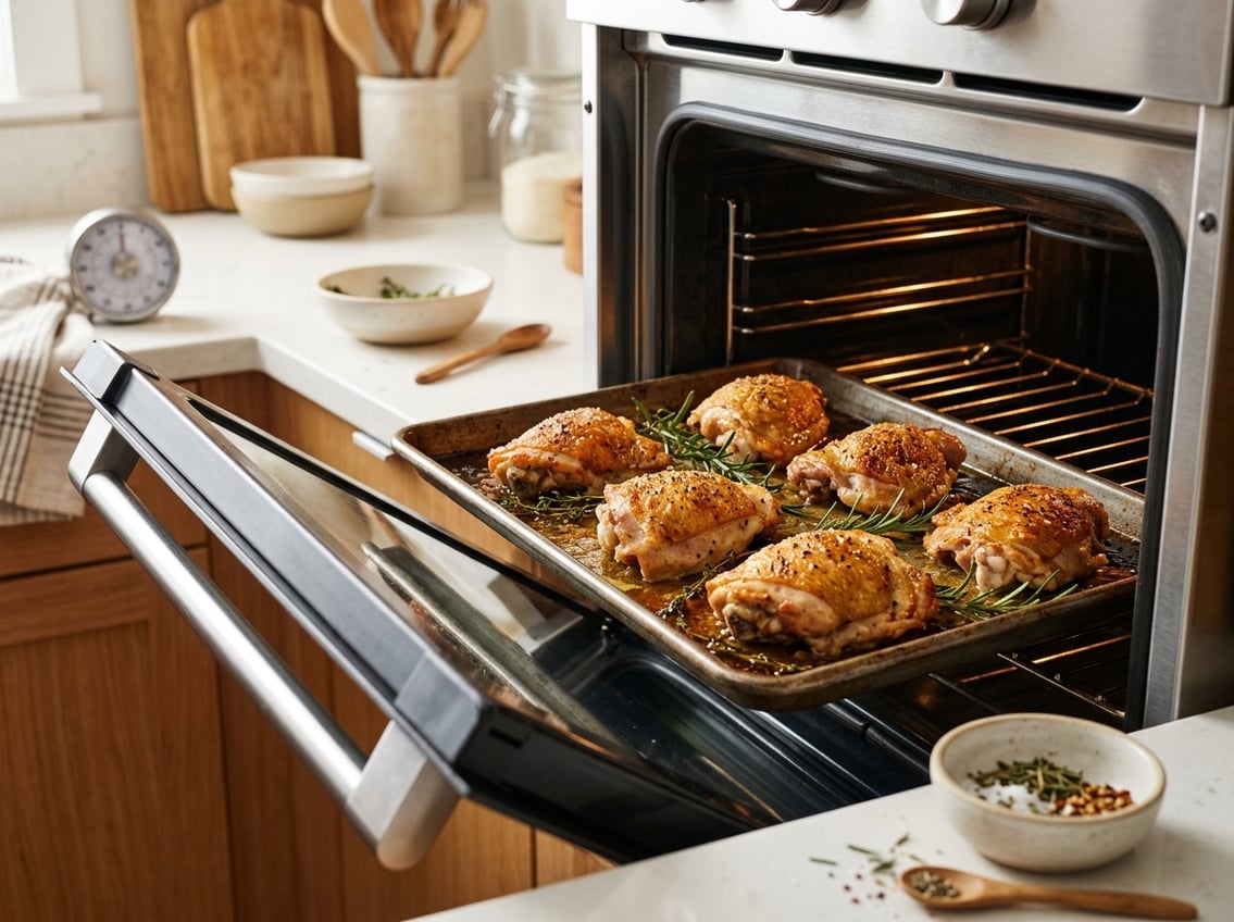 Close-up of golden-brown chicken thighs baking in an oven with herbs and a kitchen timer nearby.