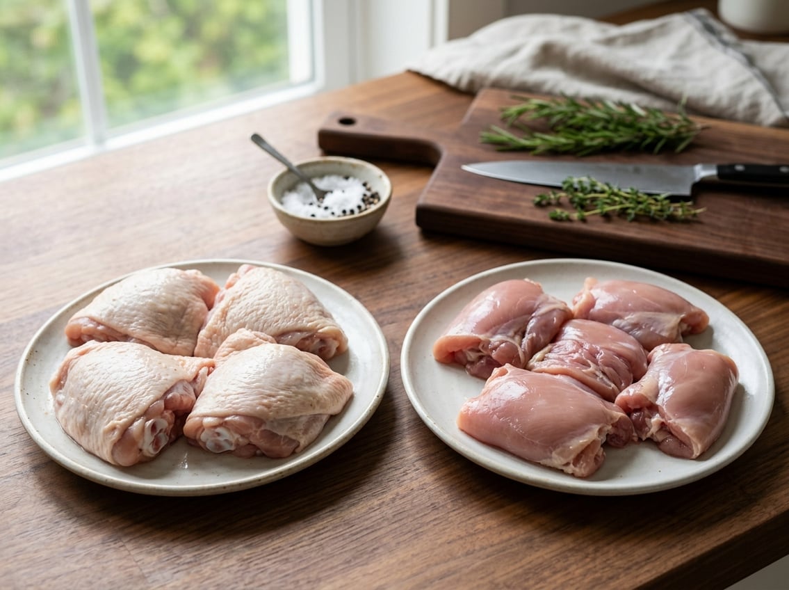 Two plates on a kitchen countertop, one with raw bone-in chicken thighs and the other with raw boneless chicken thighs, surrounded by fresh herbs and seasoning.